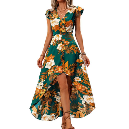 Women's High-Low Floral Maxi Dress with V-Neck and Cap Sleeve Detail