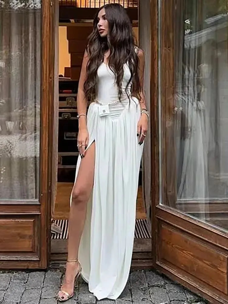 Women's Sleeveless High Slit Maxi Dress with Draped Skirt and Fitted Top