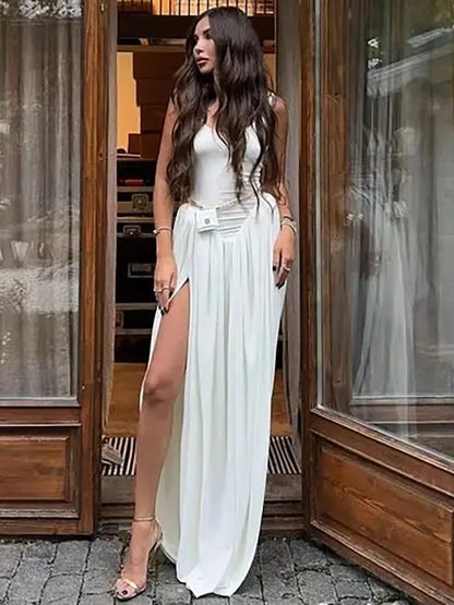 Women's Sleeveless High Slit Maxi Dress with Draped Skirt and Fitted Top