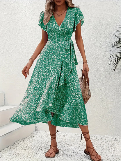 Women's V-Neck Floral Mini Wrap Dress with Short Sleeves and Tie Waist