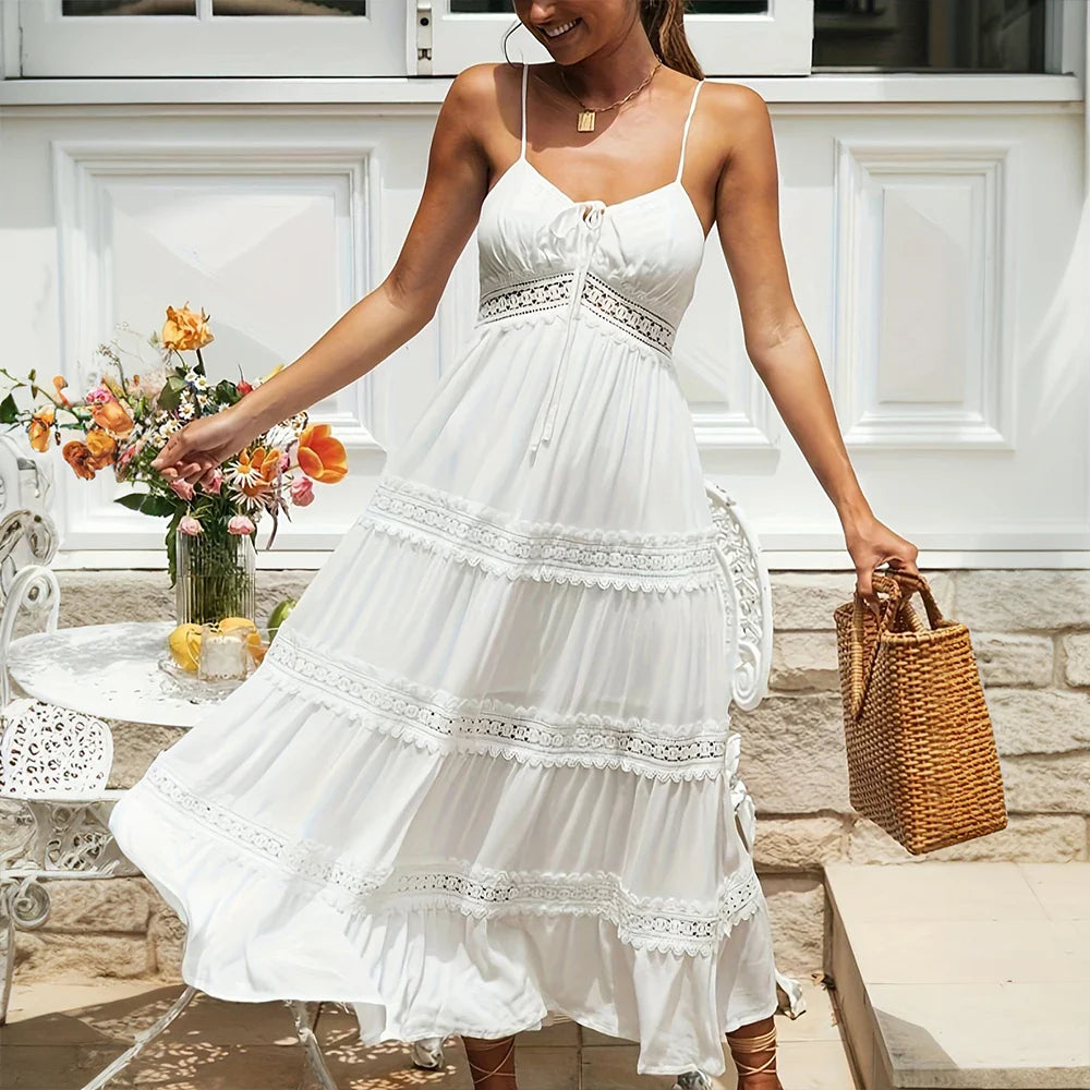 Women's Tiered Lace Maxi Dress with Spaghetti Straps and Bow Detail