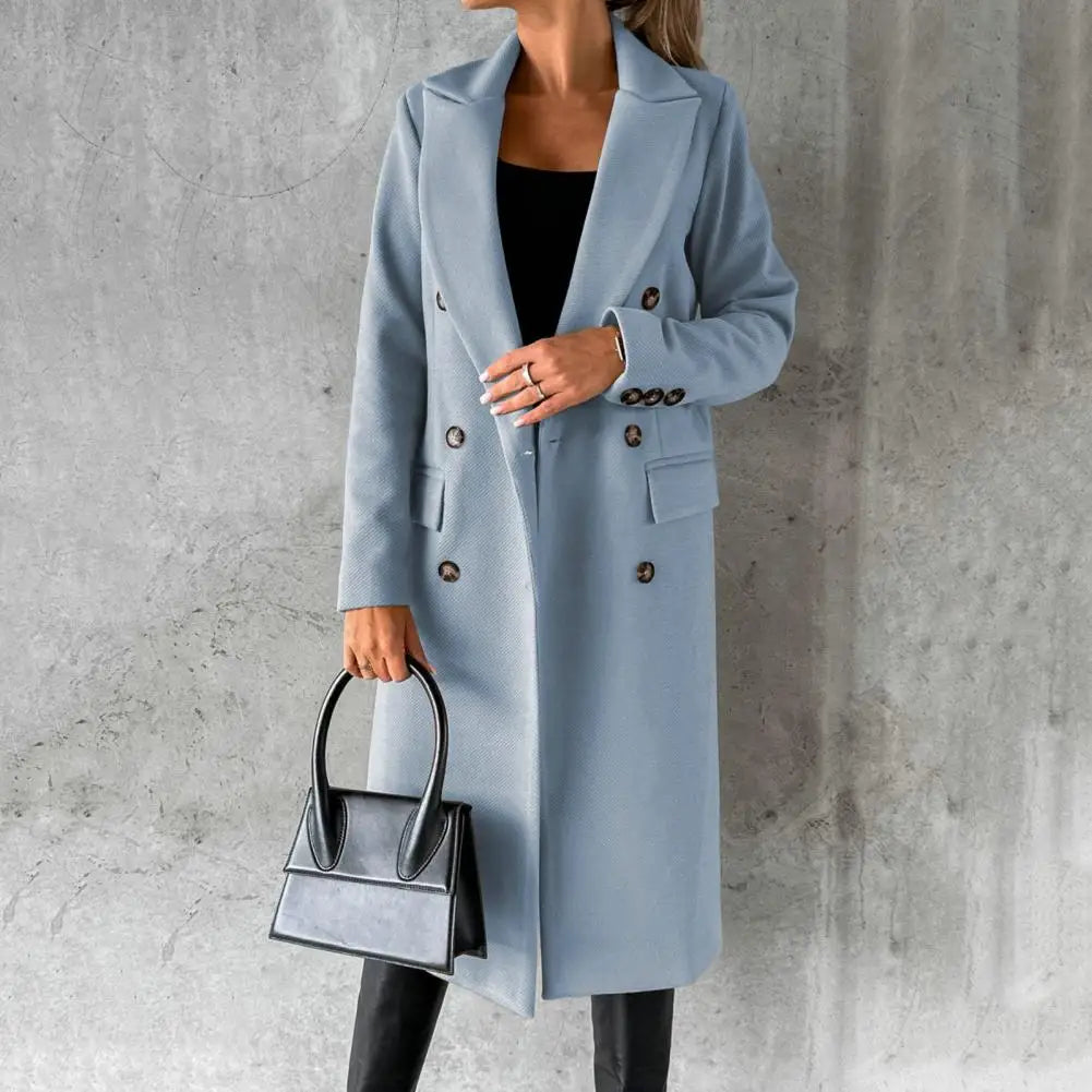 Women's Long Double-Breasted Trench Coat with Button Cuffs