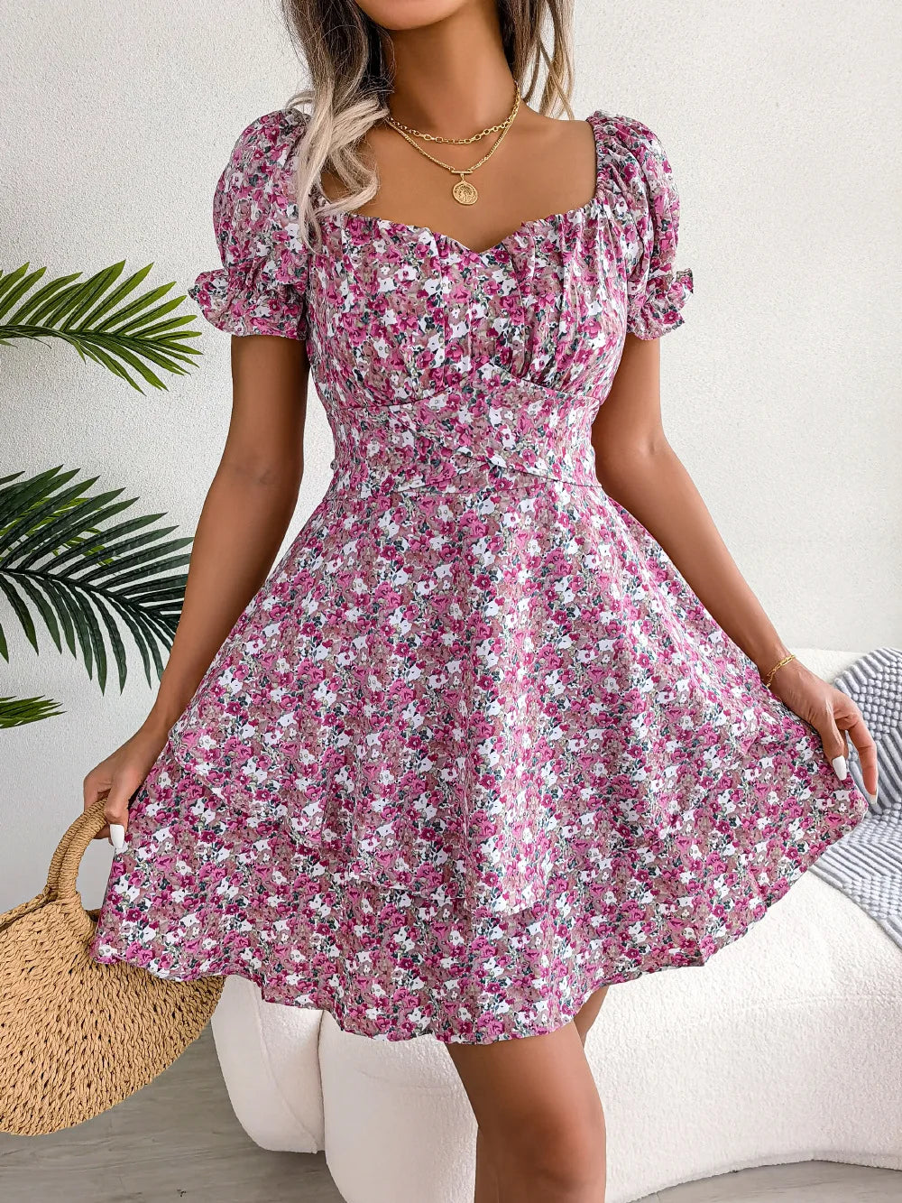 Women’s Floral Short Sleeve Mini Dress with Lace-Up Waist and Flowy Fit
