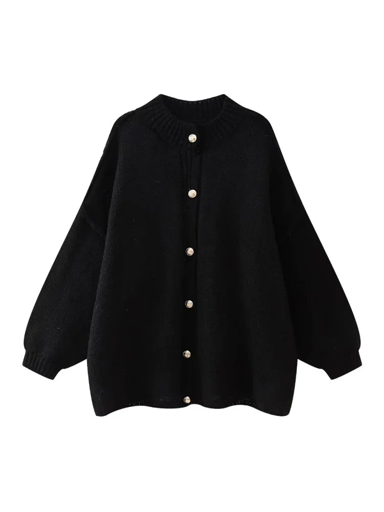 Women's Bat Sleeve Cardigan with Lapel and Metal Button Detail