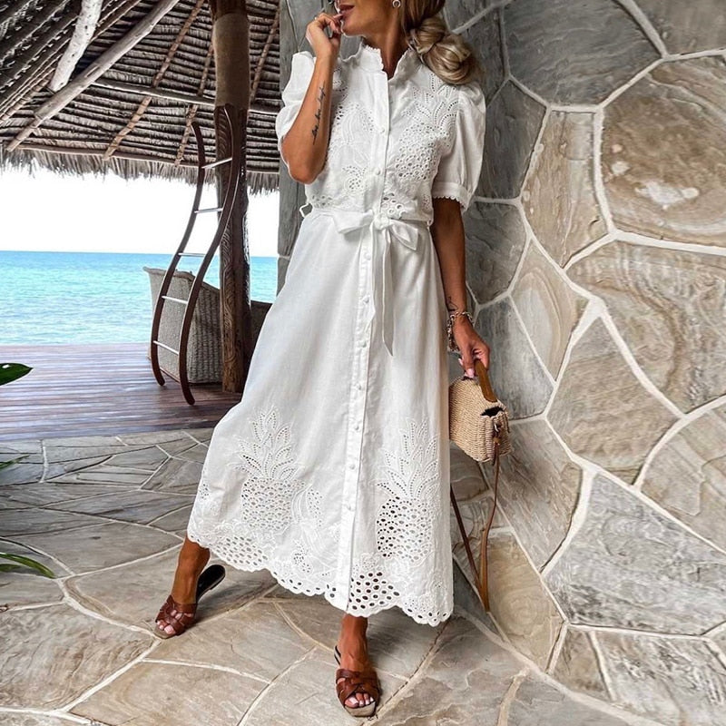 Women's Embroidered Maxi Dress with Puff Sleeves and Waist Tie