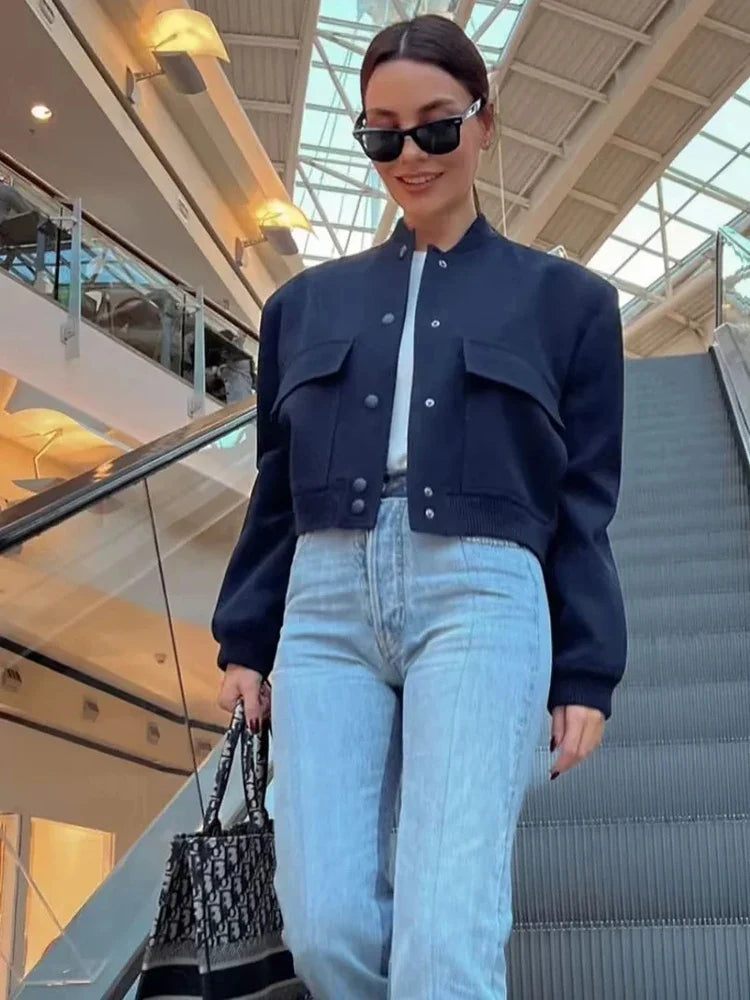 Women's Cropped Bomber Jacket with Snap Buttons and Utility Pockets