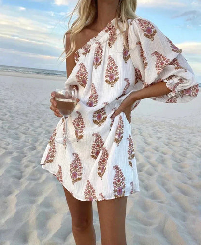 Women's One-Shoulder Printed Mini Dress with Puff Sleeve Design