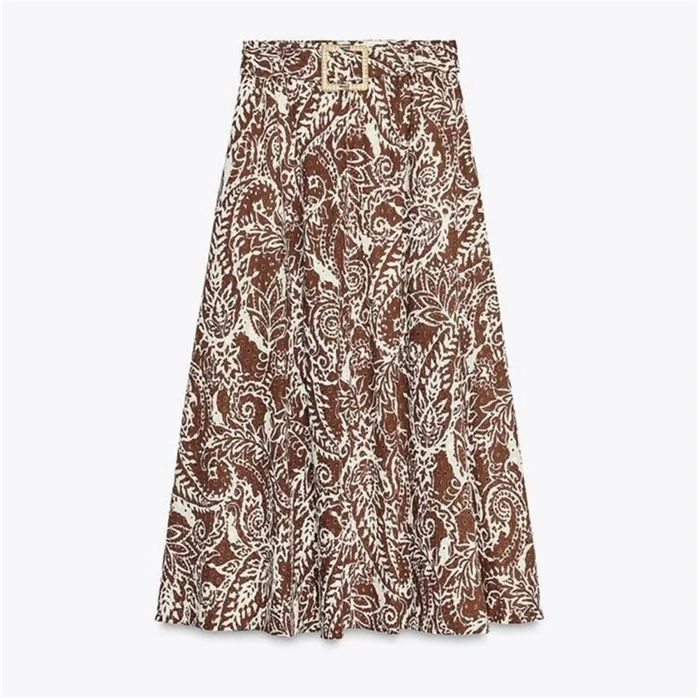 Women's Two-piece Printed Halter Crop Top and High-Waisted A-Line Skirt Set