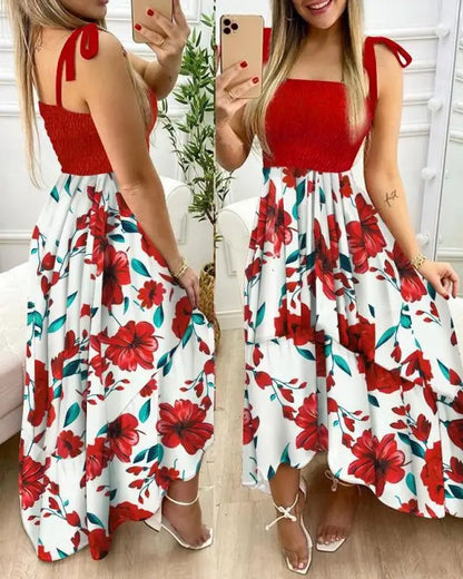 Women's Floral Maxi Dress with Tie Straps and Smocked Bodice