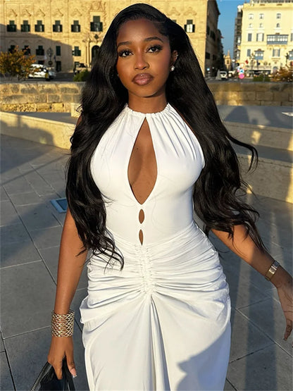 Women's Halter Maxi Dress with Cutout Front and Ruched Detail