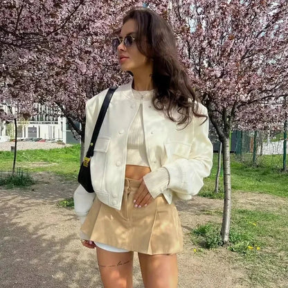 Women's Cropped Baseball Collar Bomber Jacket with Snap Buttons