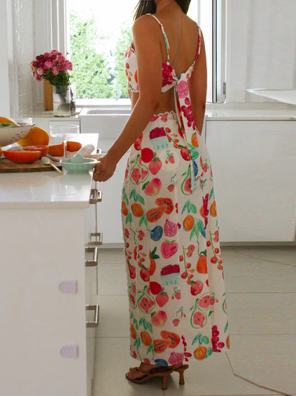 Women's Two Piece Set with Fruit Print Crop Top and Maxi Skirt