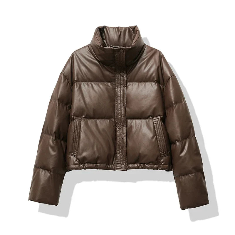 Women's Puffer Jacket with Mock Neck and Short Quilted Design
