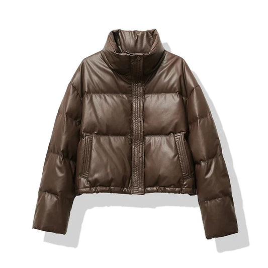 Women's Puffer Jacket with Mock Neck and Short Quilted Design