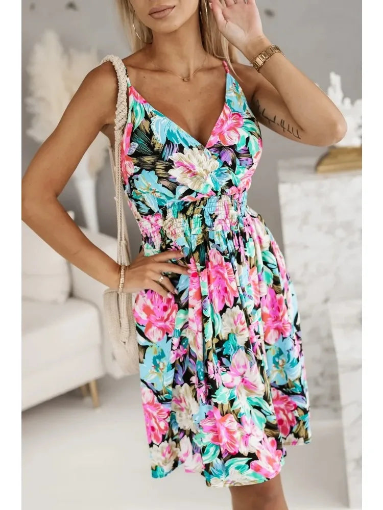 Women’s Floral Spaghetti Strap Wrap Mini Dress with Pleated A-Line Skirt