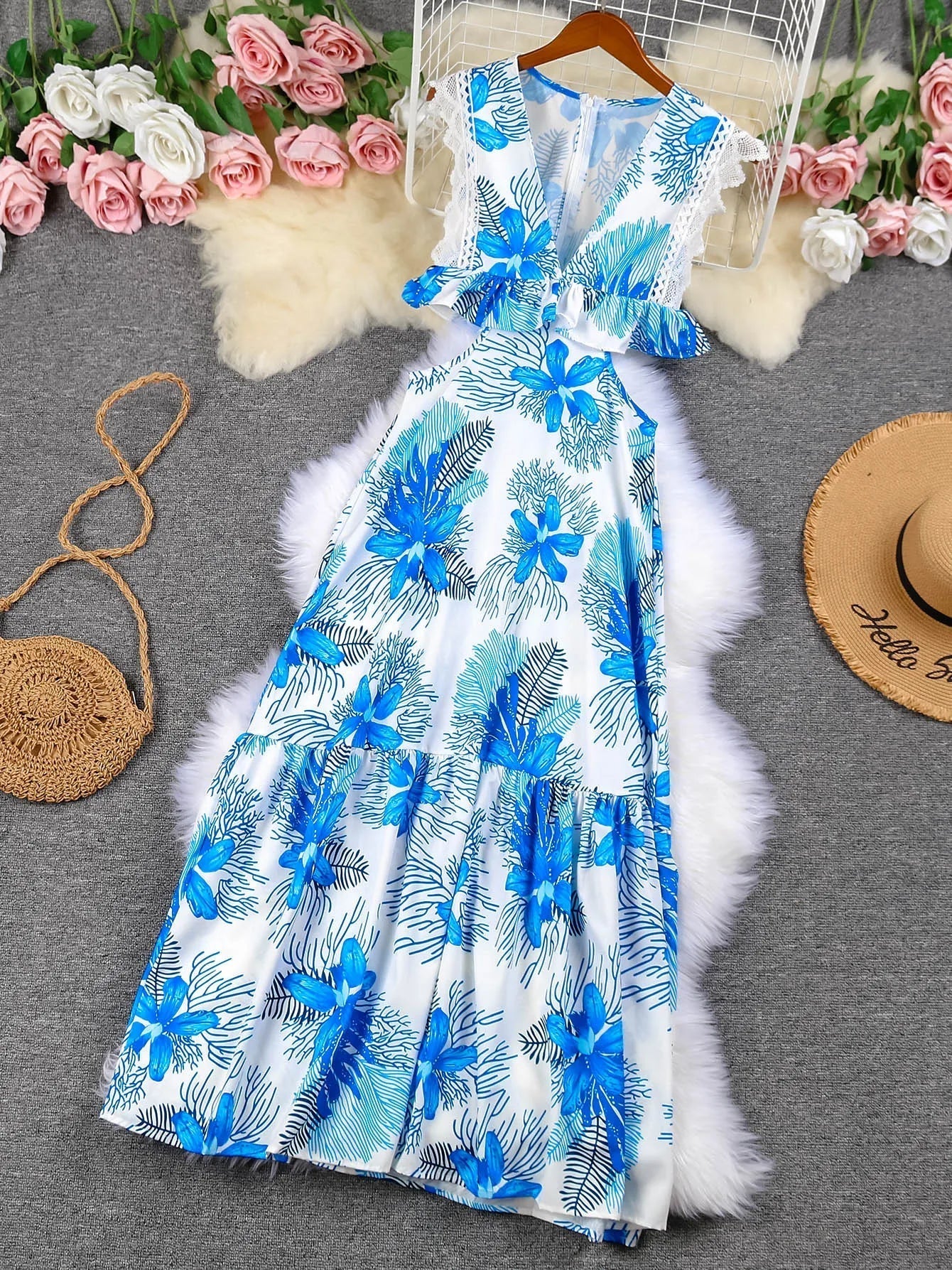 Women's Sleeveless Maxi Dress with Floral Print and Tiered Skirt