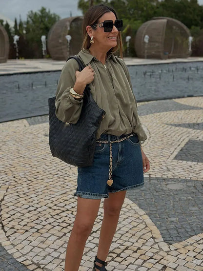 Women's Loose Fit Bomber Jacket with Long Puff Sleeves and Zip Front