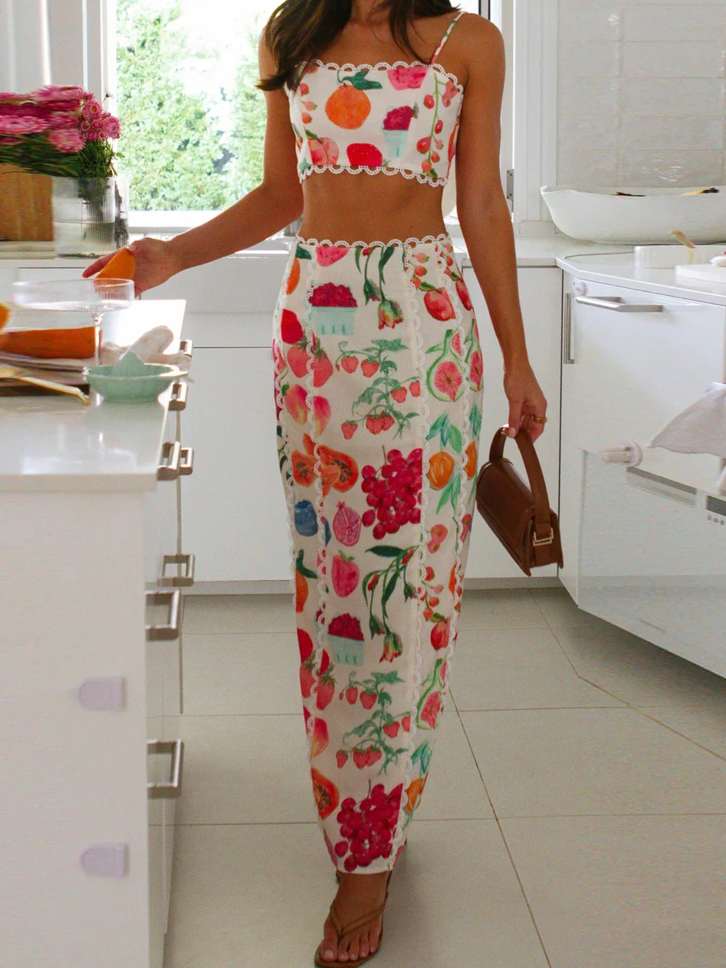 Women's Two Piece Set with Fruit Print Crop Top and Maxi Skirt