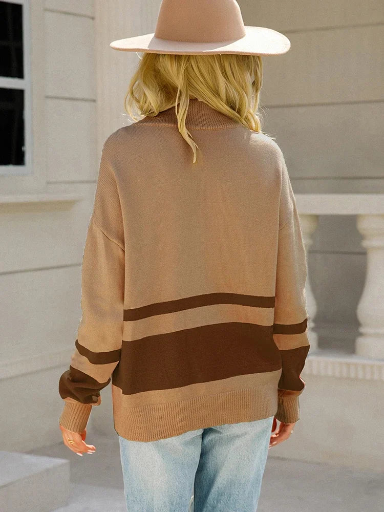 Women’s Zip-Up Knit Jumper with Striped Patchwork and Long Sleeves