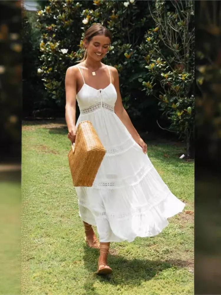 Women's Boho Maxi Dress with Spaghetti Straps and Lace Trim