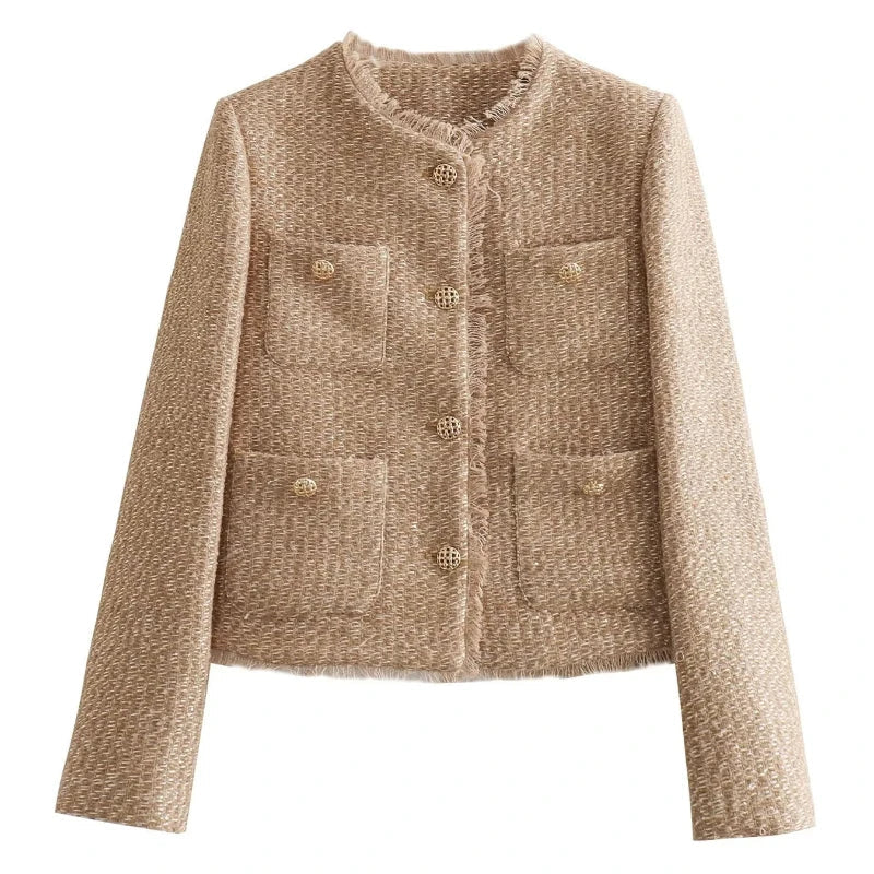 Women's Cropped Tweed Jacket with Long Sleeves and Elegant Short Coat Style