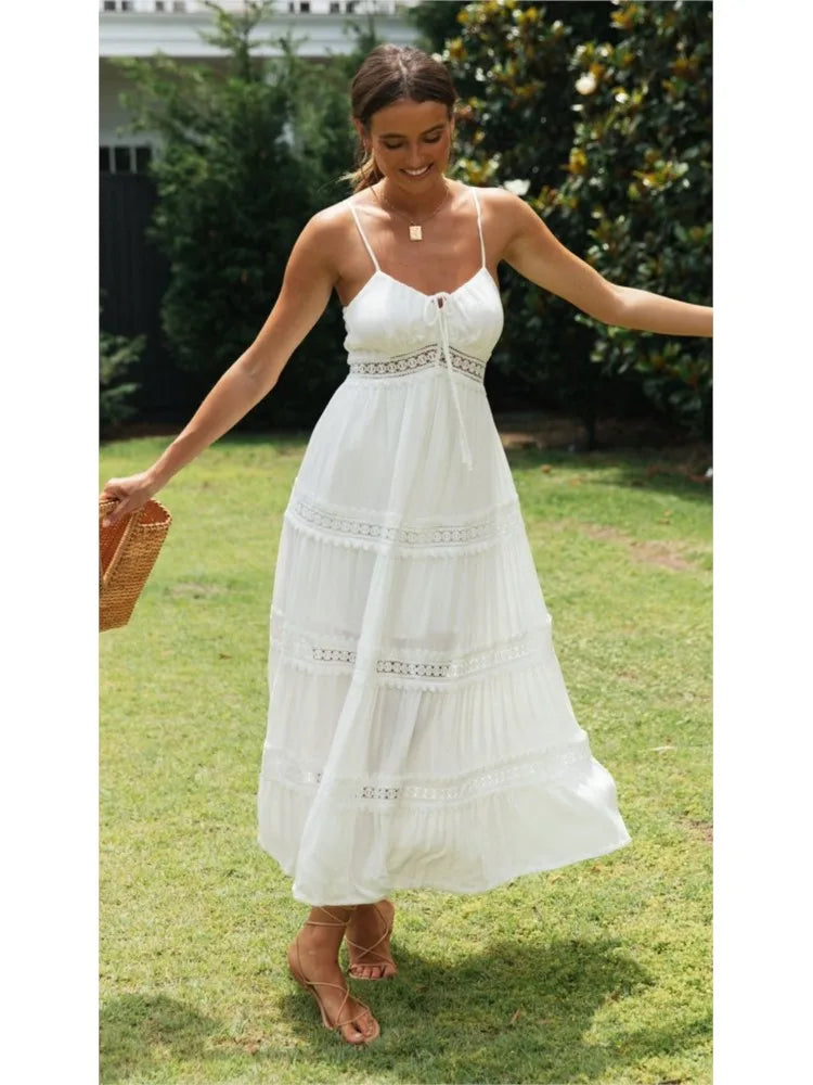Women's Boho Maxi Dress with Spaghetti Straps and Lace Trim
