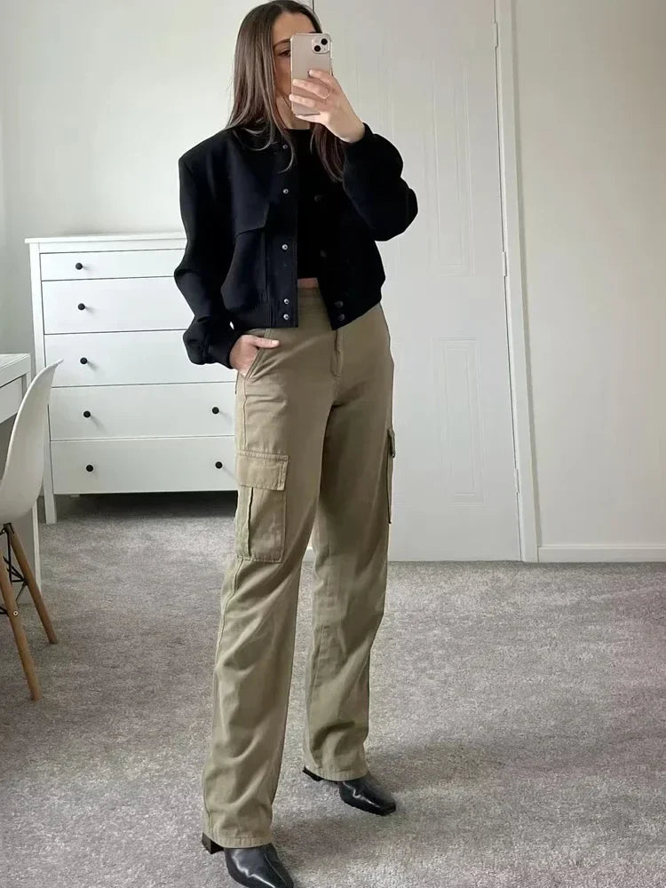 Women's Cropped Baseball Collar Bomber Jacket with Snap Buttons