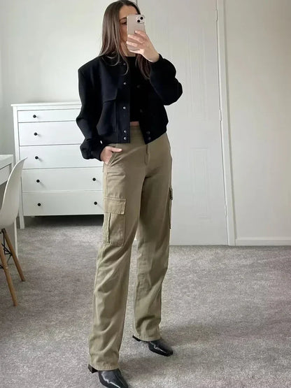 Women's Cropped Baseball Collar Bomber Jacket with Snap Buttons