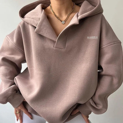 Women's Oversized Pullover Hoodie with Open V-Neck Collar Design