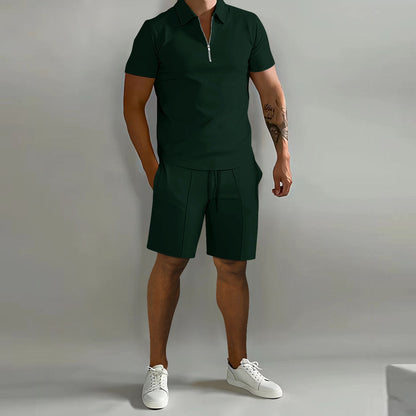 Men's Summer Two-Piece Set with Zipper Polo Shirt and Shorts