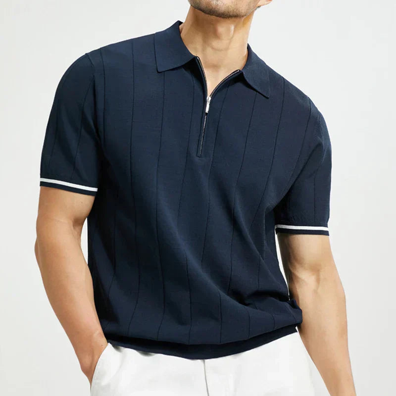 Men's Short Sleeve Zip Polo Shirt with Ribbed Knit Collar
