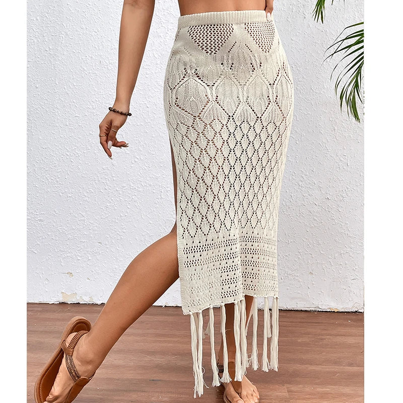Women's Knitted High-Slit Skirt with Tassels Bikini Cover Up
