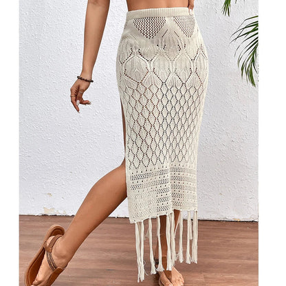 Women's Knitted High-Slit Skirt with Tassels Bikini Cover Up