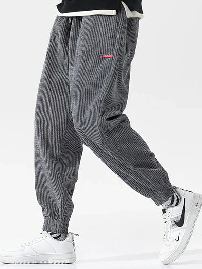 Men's Baggy Corduroy Trousers Casual Joggers with Drawstring Waist