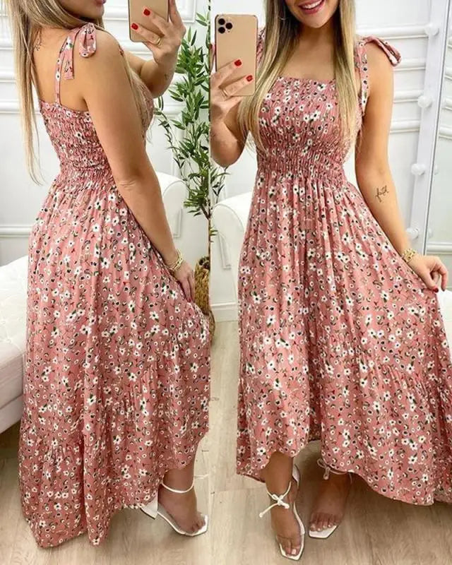 Women's Floral Maxi Dress with Tie Straps and Smocked Bodice