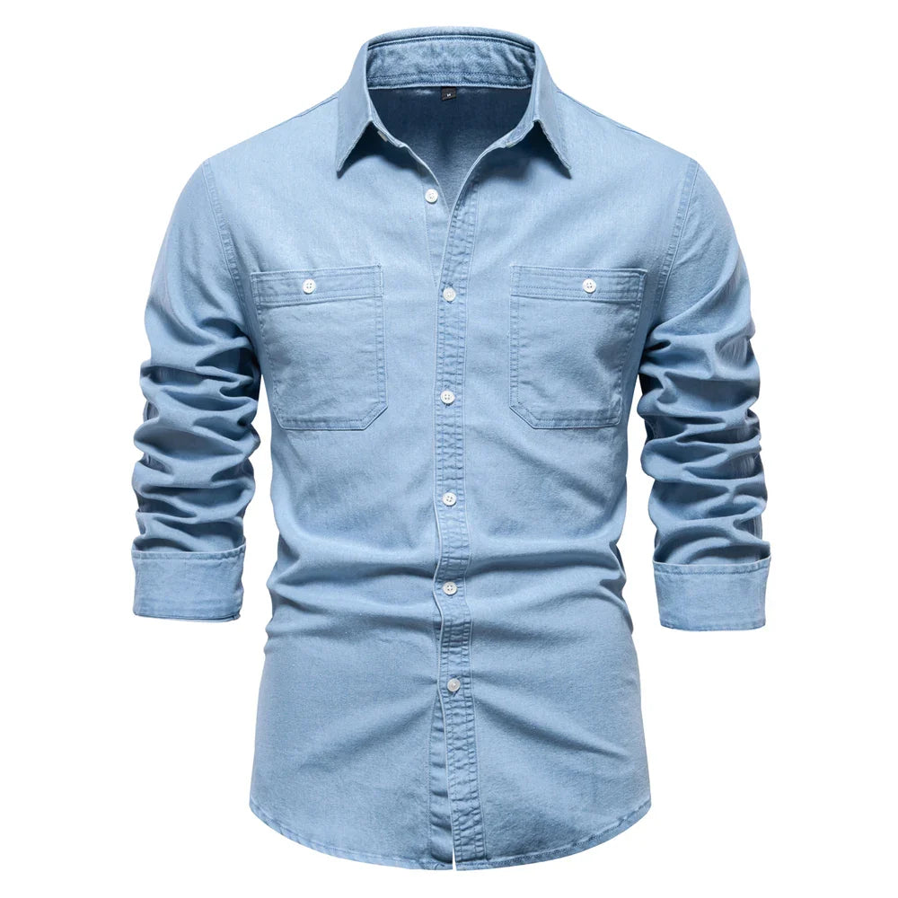 Men's Slim Fit Long Sleeve Shirt with Button Front and Classic Collar
