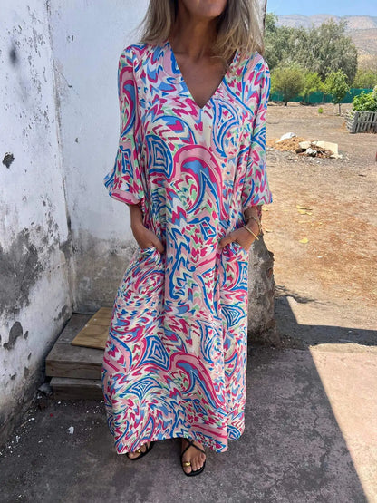 Women’s Printed Boho Maxi Dress with V-Neckline and Pockets