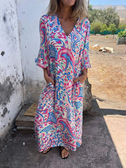 Women’s Printed Boho Maxi Dress with V-Neckline and Pockets