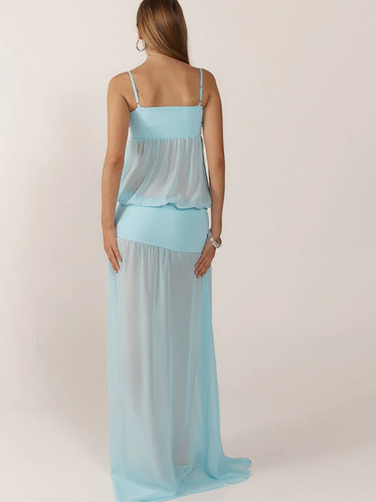 Women's Sheer Maxi Dress with Spaghetti Straps and Side Cut-Outs