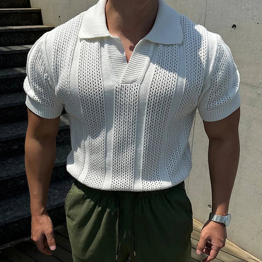 Men's Knitted Mesh Short Sleeve Polo Shirt with Vintage Lapel Design
