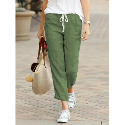 Women's Cotton Drawstring Casual Pants with Elastic Waistband