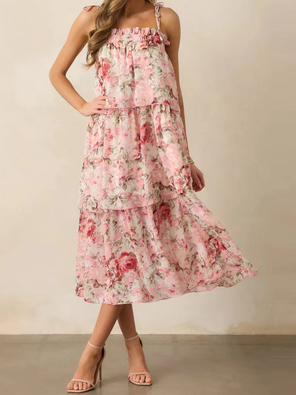 Women's Floral Sleeveless Midi Dress with Tiered Ruffle Hem