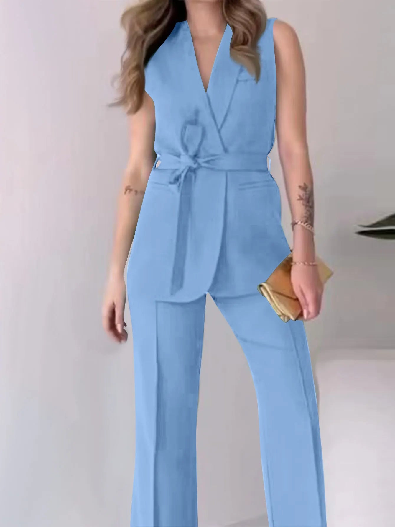 Women’s Sleeveless Two Piece Suit Set with Wrap V-Neck Top and Wide-Leg Trousers