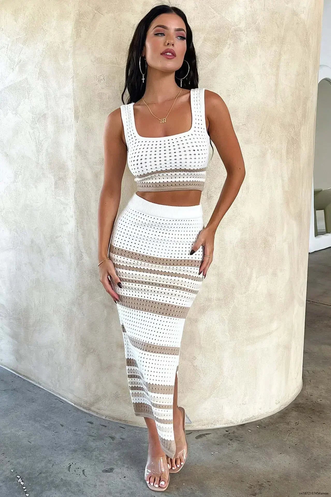 Women's Knitted Two-Piece Set with Sleeveless Crop Top and Skirt