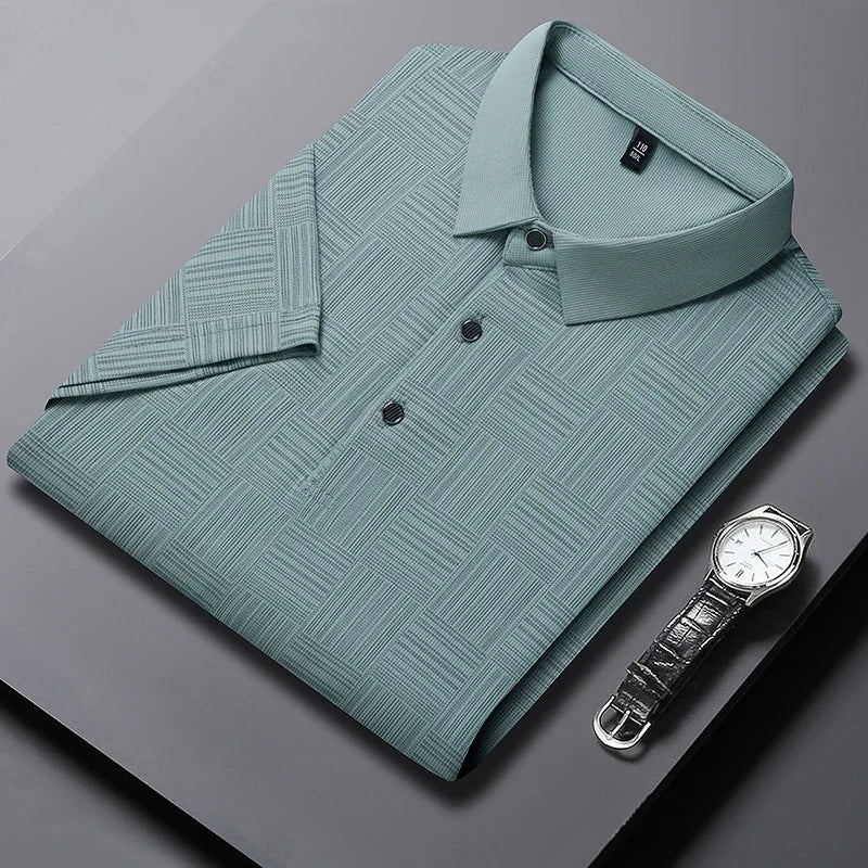 Men's Short Sleeve Polo Shirt with Geometric Print and Classic Collar