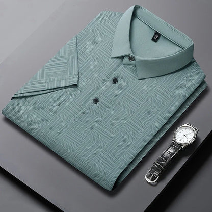 Men's Short Sleeve Polo Shirt with Geometric Print and Classic Collar