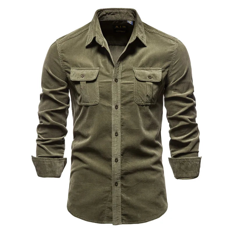 Men's Casual Long-Sleeve Corduroy Shirt with Button-Down Front Style