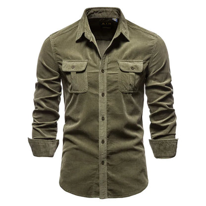 Men's Casual Long-Sleeve Corduroy Shirt with Button-Down Front Style