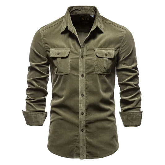 Men's Casual Long-Sleeve Corduroy Shirt with Button-Down Front Style