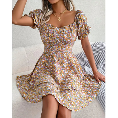 Women’s Floral Short Sleeve Mini Dress with Lace-Up Waist and Flowy Fit
